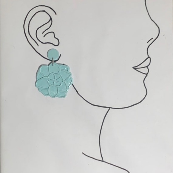 Light Teal Handcrafted Clay Flower Earrings - Picture 2 of 2